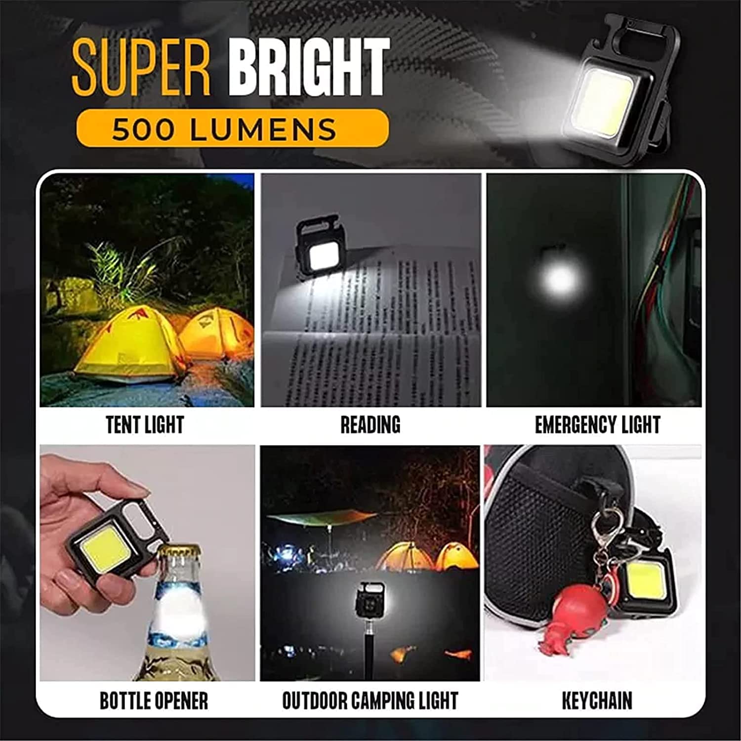 Keychain Light: 500 Lumens Bright 4 Light Modes Rechargeable LED Pocket Emergency Work Light with Magnet Base and Corkscrew for Indoor and Outdoor Use (Yellow-Pack 1)
