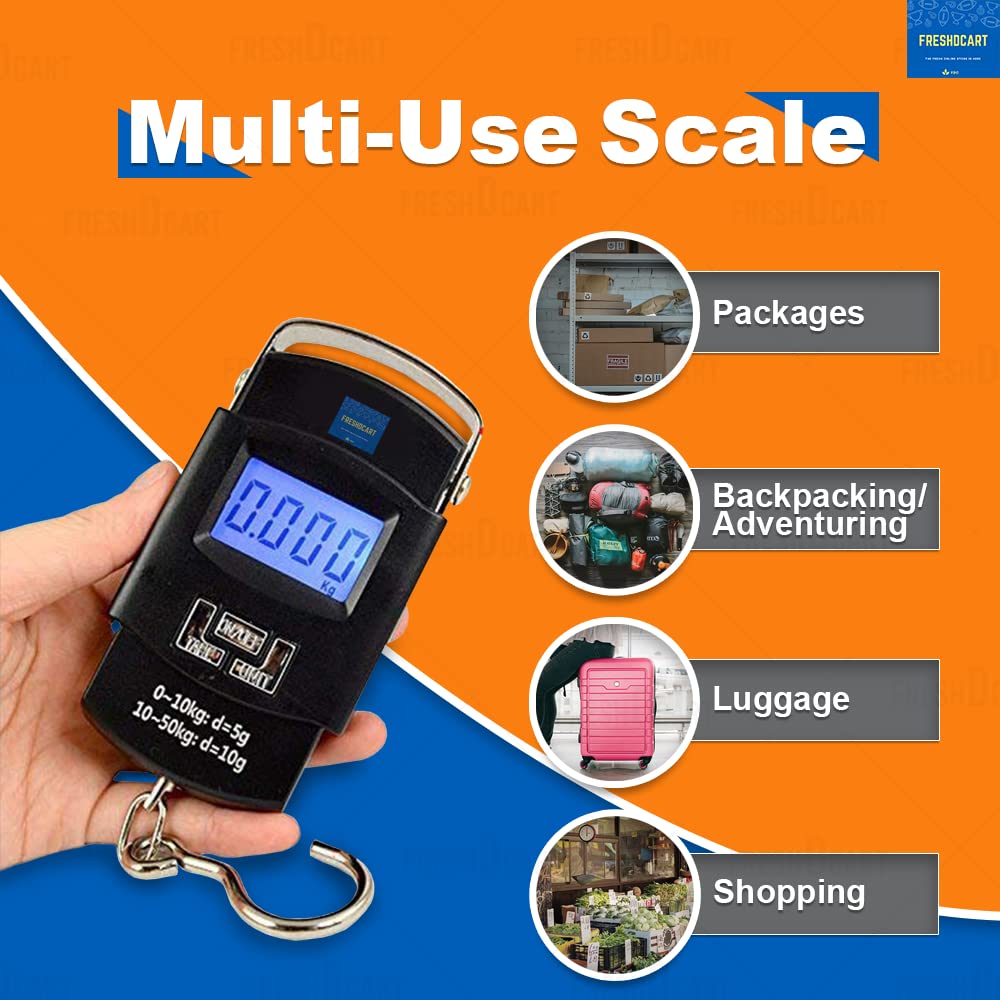 Tech Novo - Heavy-Duty Foldable Hook Weighing Scale with Digital Type and Manual Weight M/C for 10 kg to 50 kg Travel, Kitchen, and Home Use (Black, FDC-990)