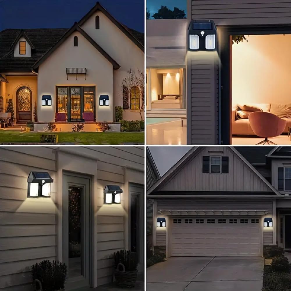 color sync-WIDEWINGS Solar Wall Lights Outdoor, Waterproof Exterior Lighting(2, Wall LAMP), Wireless Dusk to Dawn Porch Light Fixture, Solar Wall Lantern with Three Modes & Motion Sensor