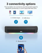 Computer Speakers, Dual-Powered PC Sound Bar with Cord and Battery, Wireless Lighting