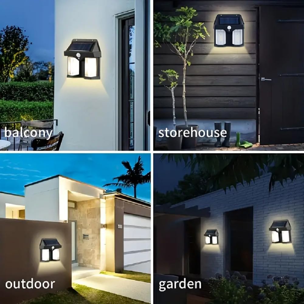color sync-WIDEWINGS Solar Wall Lights Outdoor, Waterproof Exterior Lighting(2, Wall LAMP), Wireless Dusk to Dawn Porch Light Fixture, Solar Wall Lantern with Three Modes & Motion Sensor