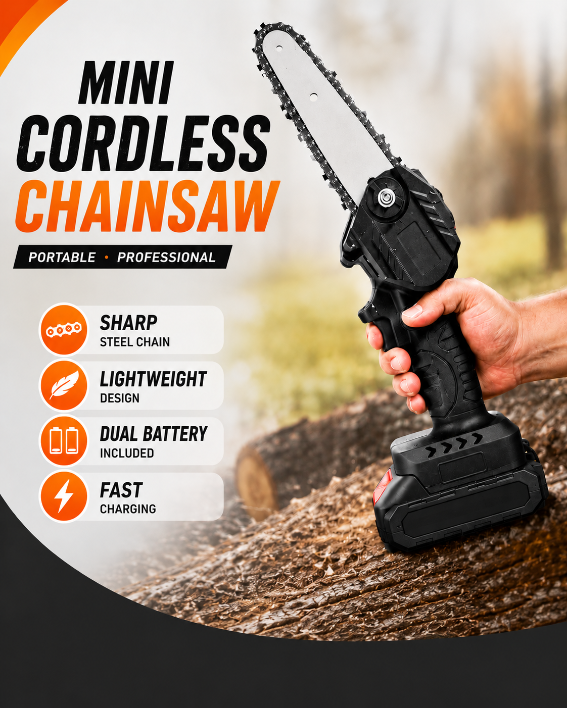48V Cordless Mini Chainsaw – 15CM Guide Bar | 2 Batteries Included