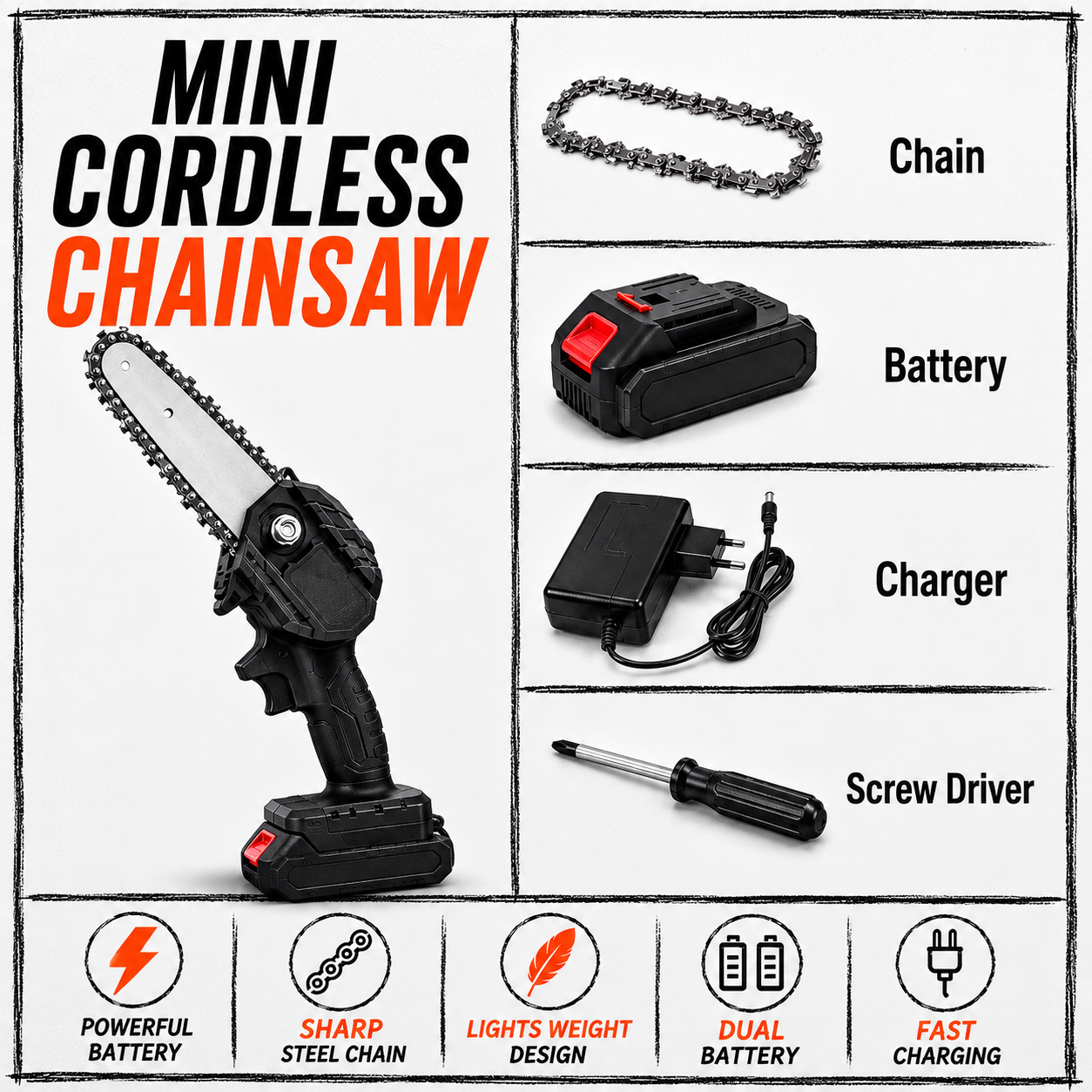 SINGLE BATTERY  48VF Cordless Mini Chainsaw (15cm Blade) Cut like a pro, even if you're a beginner !