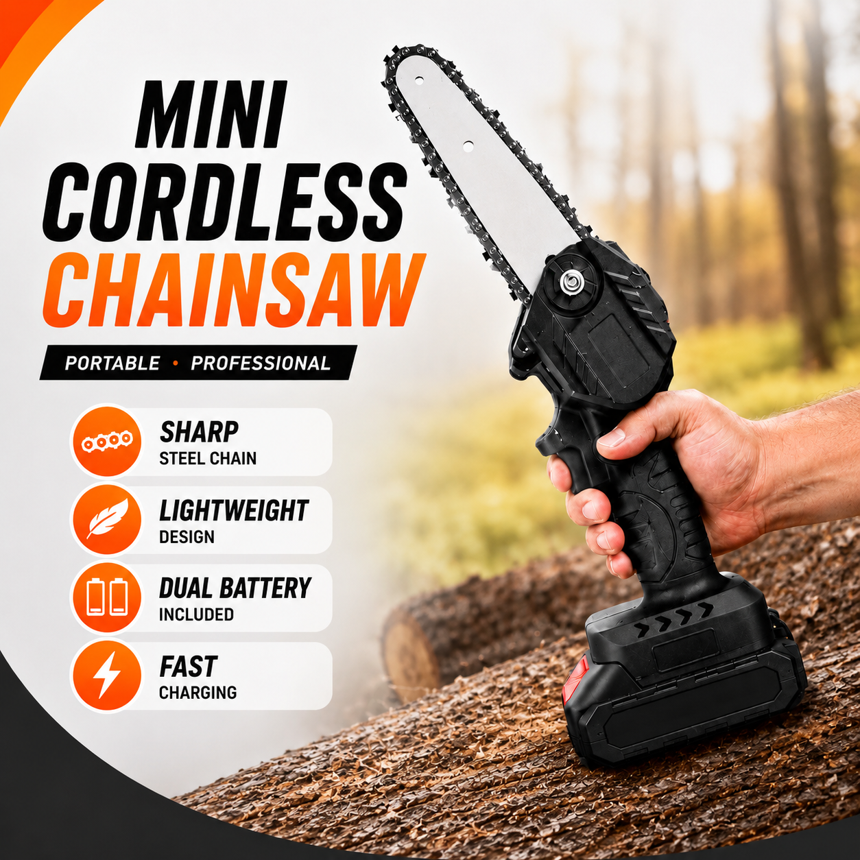 SINGLE BATTERY  48VF Cordless Mini Chainsaw (15cm Blade) Cut like a pro, even if you're a beginner !