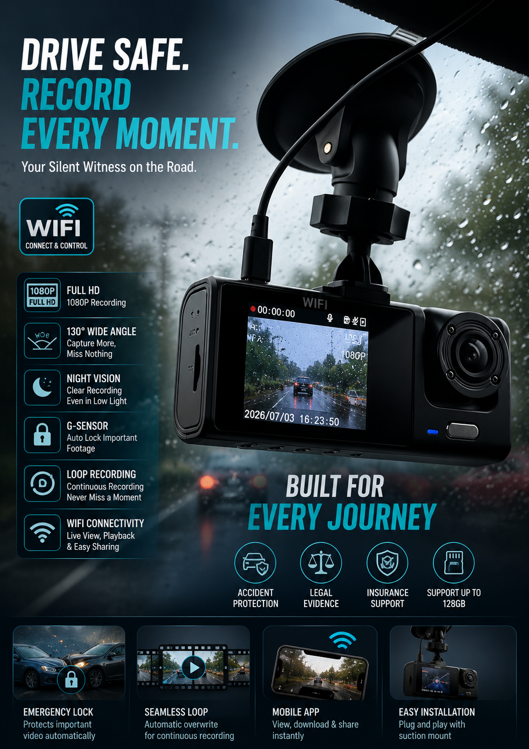 BLACK BOX HD 1080P Traffic Recorder – Dual Camera Dash Cam with Night Vision & Loop Recording