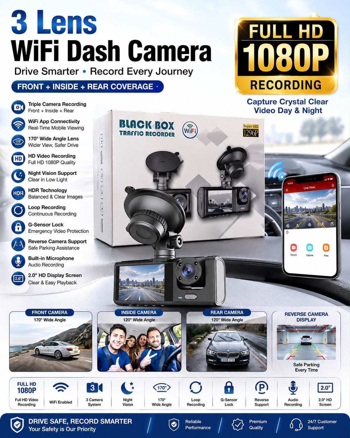 BLACK BOX HD 1080P Traffic Recorder – Dual Camera Dash Cam with Night Vision & Loop Recording