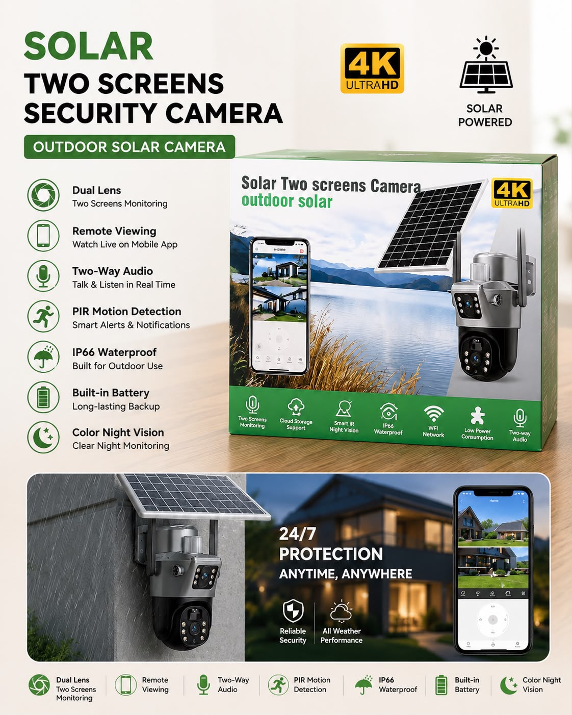 Solar Two Screens Outdoor Security Camera
