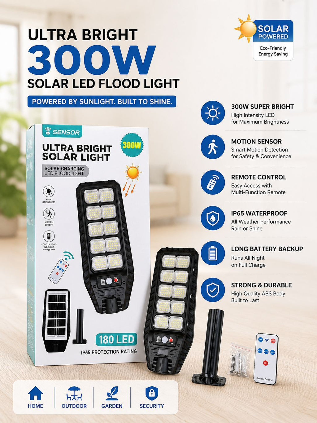 Ultra Bright 300W Solar LED Flood Light | 180 LEDs | Motion Sensor & Remote Control | Outdoor Waterproof IP65