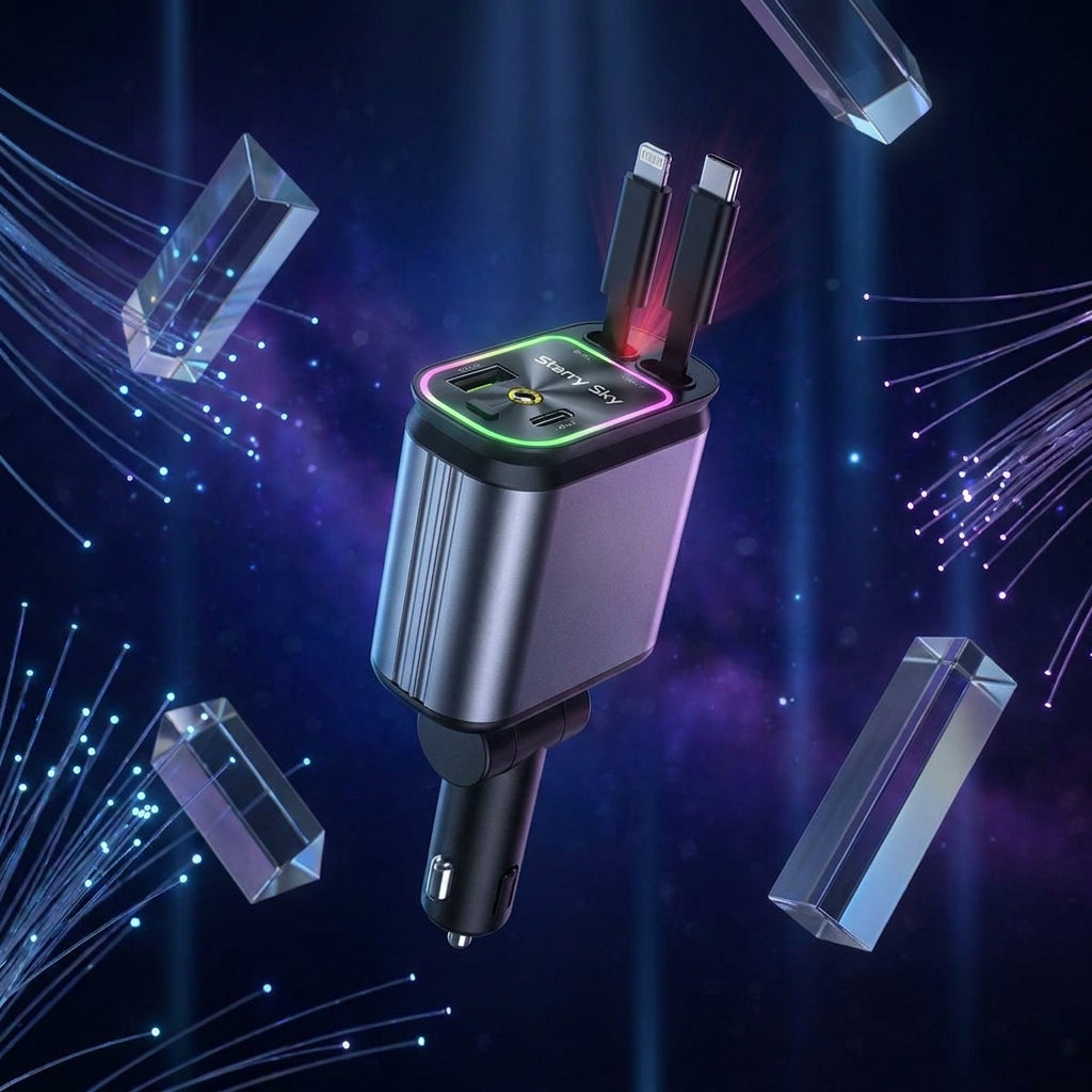 4 in 1 Starry Sky Lazer Car Charger – Fast Charging + Ambient Light Projector (Type-C, iOS, USB, PD 3.0) ₹ 899  ONLY