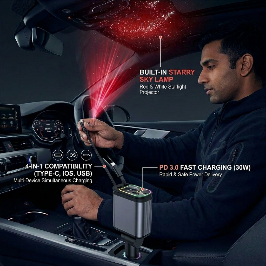 4 in 1 Starry Sky Lazer Car Charger – Fast Charging + Ambient Light Projector (Type-C, iOS, USB, PD 3.0) ₹ 899  ONLY