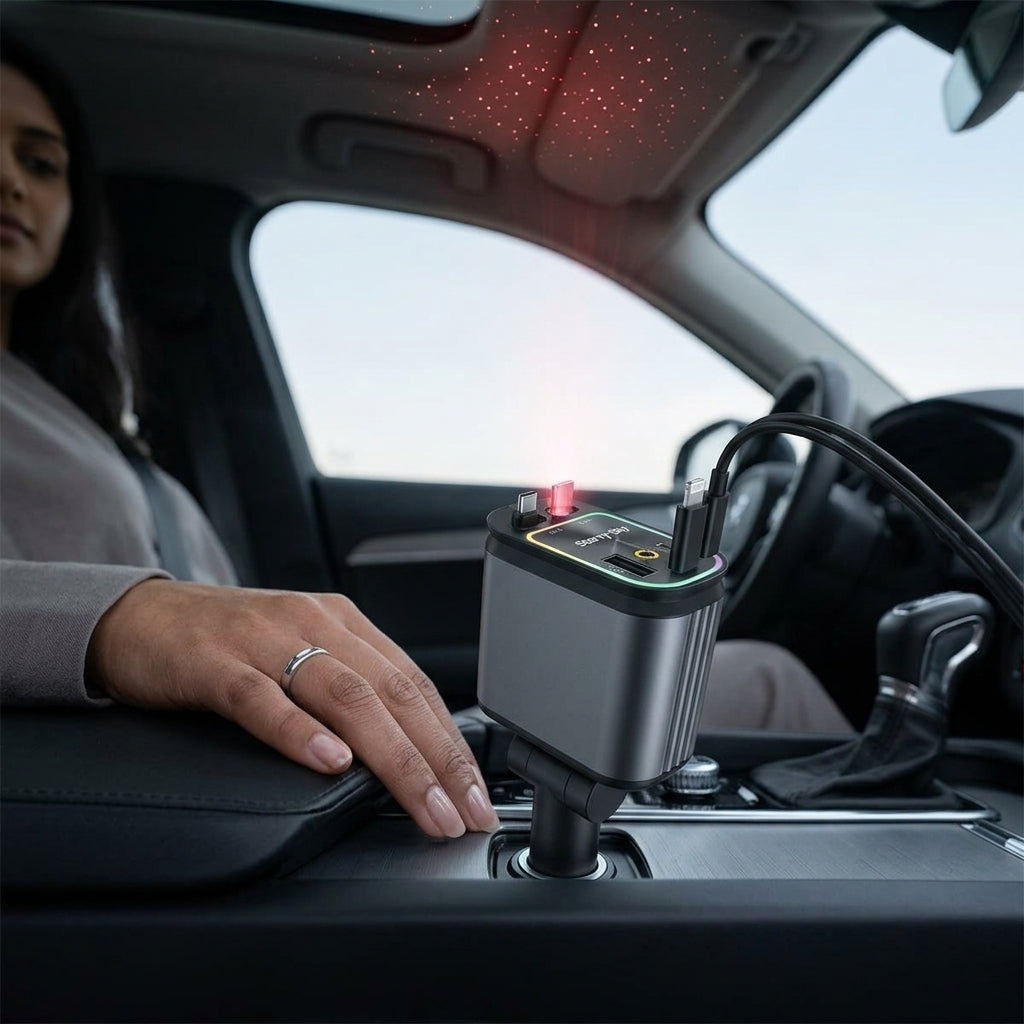 4 in 1 Starry Sky Lazer Car Charger – Fast Charging + Ambient Light Projector (Type-C, iOS, USB, PD 3.0) ₹ 899  ONLY